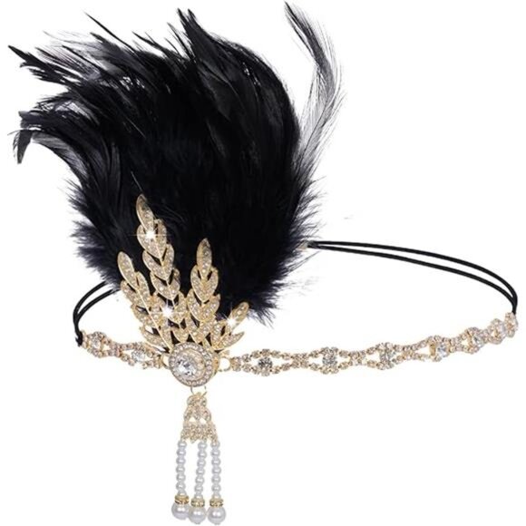 Flapper Feather Headband Roaring 20s Black Gold - Picture 8 of 8